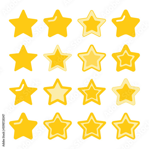 Collection of sixteen golden yellow stars with subtle shading and highlights