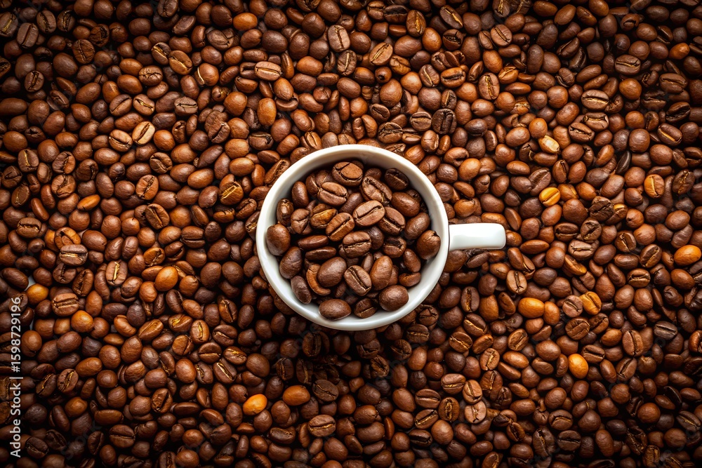 Fototapeta premium Photo of a white cup filled with coffee beans is placed centrally on a dark surface covered with a dense layer of roasted coffee beans