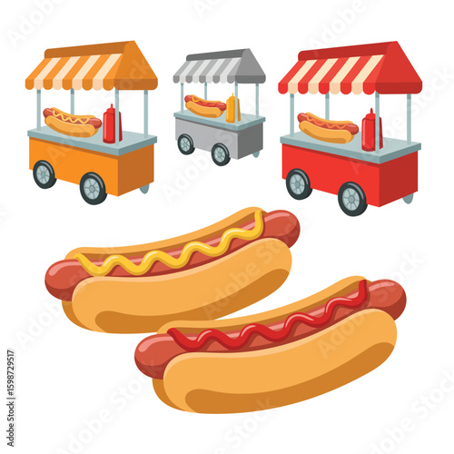 Collection of hot dog carts and delicious hot dogs with condiments