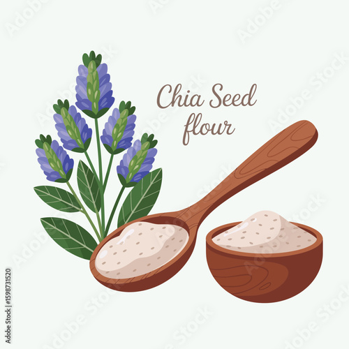 Chia seed flour in wooden spoon and bowl with blue flowers