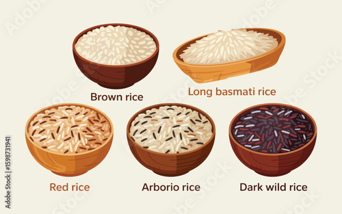 Collection of five different types of rice in bowls