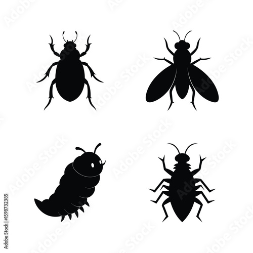 Insect silhouette set with booklouse bollworm blackfly and beetle vector illustration.