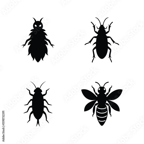 Insect silhouette set with bee barklouse bark beetle and bagworm vector illustration.