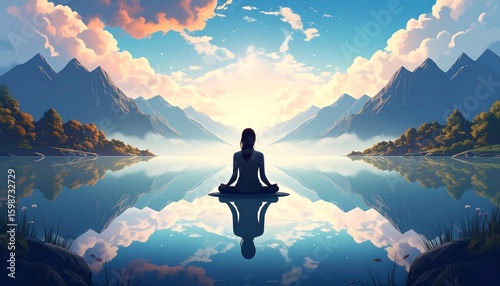 Woman meditating by a lake reflecting mountains