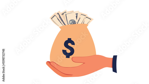 Hand holding bag with money vector illustration for finance and business concepts