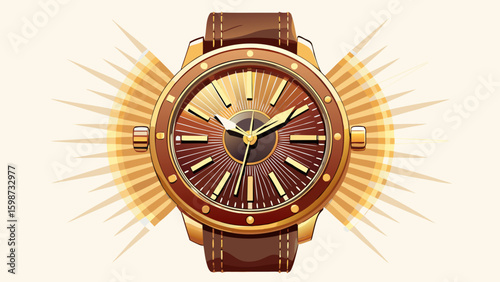 Vintage-inspired luxury wristwatch with brown leather strap, sunburst dial, gold hour markers, and intricate case design, perfect for refined, realistic vector illustration against clean white.