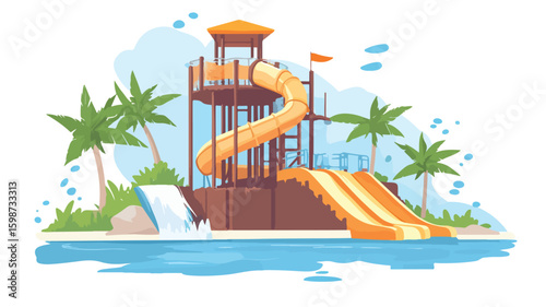 Serene Handdrawn Aqua Park on Wooden Board Vector Illustration