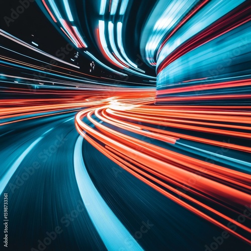 A blurry image of a highway with red, blue, and white streaks. Concept of motion and energy, as if the cars are racing down the road. The colors and streaks give the impression of a dynamic
