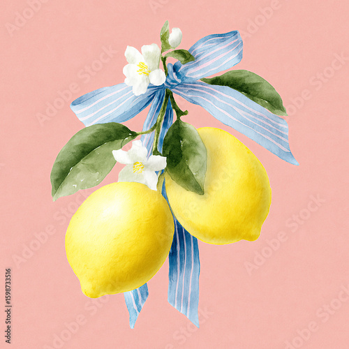 Illustration of fresh lemons with white flowers and an elegant blue striped bow on a salmon pink background. Perfect for invitations, cards, and summer designs with a delicate touch.