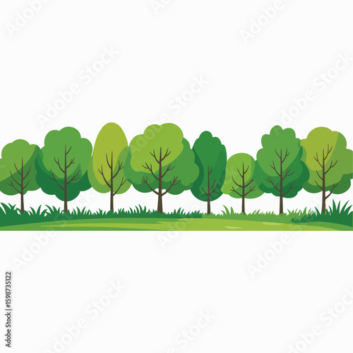 A line of green trees with grass border on white background