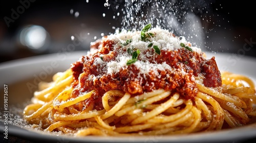 A satisfying plate of spaghetti is covered with hearty marinara sauce and garnished with fresh herbs. Parmesan cheese is being generously sprinkled on top, making it an appealing dish.