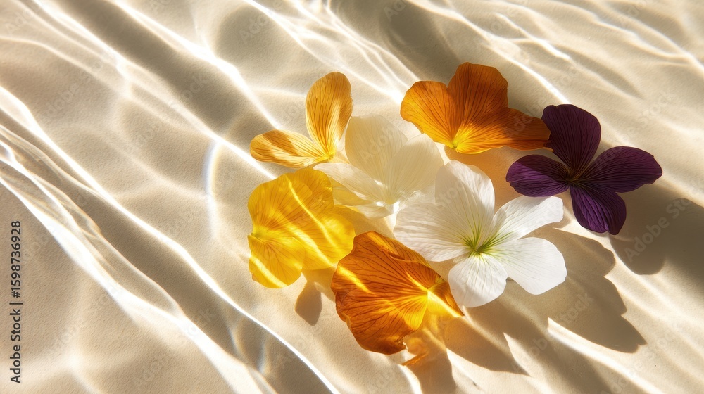 Fototapeta premium Vibrant flower petals floating on water surface, creating a serene and colorful display