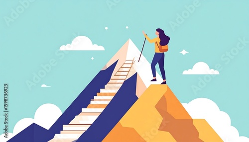 Woman reaching mountain peak