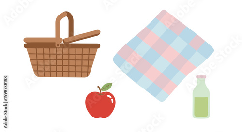 Illustration of a picnic basket with an apple blanket and bottle of juice