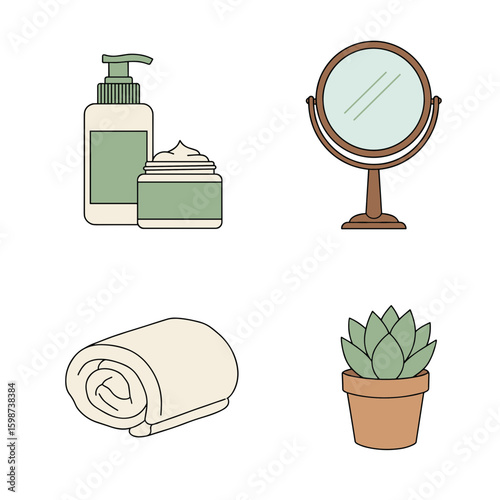 Illustration of skincare products mirror towel and potted succulent plant