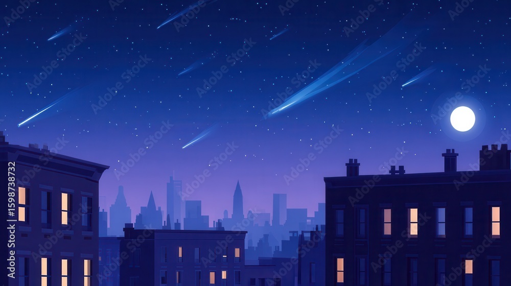 Fototapeta premium Nighttime cityscape with shooting stars and a bright moon illuminating rooftops