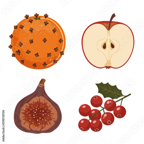 Illustration of orange with cloves apple fig and berries on white background