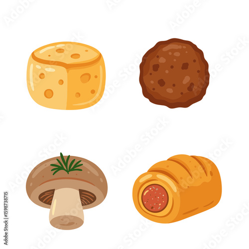 Illustration of cheese, meatball, mushroom and sausage roll on white background
