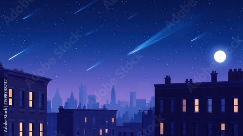 Nighttime cityscape with shooting stars and a bright moon illuminating rooftops