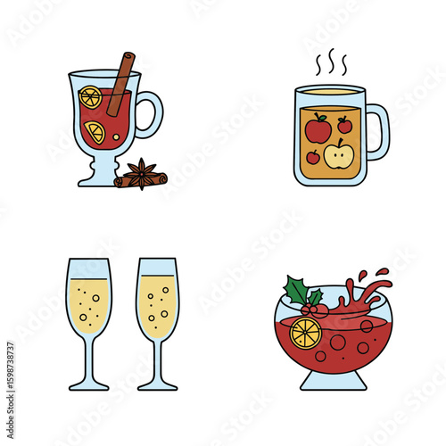 Illustration of mulled wine cider champagne and christmas punch drinks