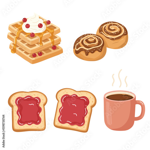 Illustration of waffles with cream, cinnamon rolls, toast and coffee mug
