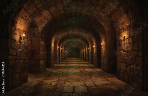 Stone dungeon corridor  medieval fortress interior. Arched ceiling  stone floor  wall lanterns provide dim light. Ancient architecture suggests past battles  evoking mystery  adventure for games