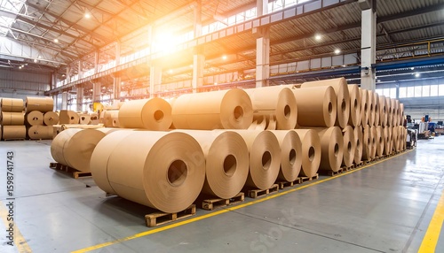 Industrial paper rolls stacked in a warehouse