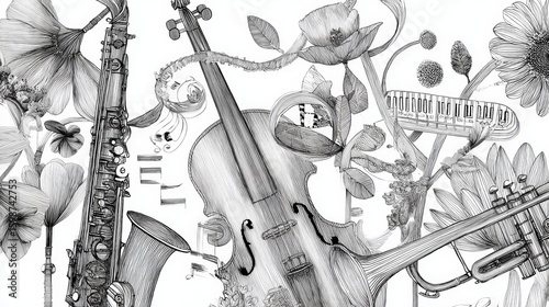 Musical instruments blending with delicate flowers, generating artistic black-and-white composition connecting melodic sounds and natural botanical elements