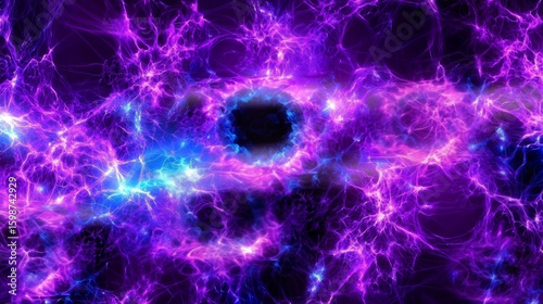 Purple and blue plasma is glowing and swirling around a black hole in the vast expanse of space, creating a mesmerizing display of cosmic energy