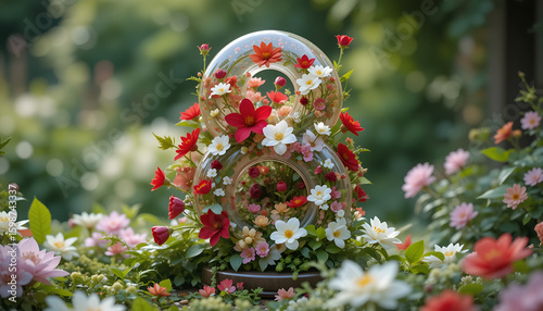 Floral arrangement with red and pink flowers in a decorative vase in a garden setting