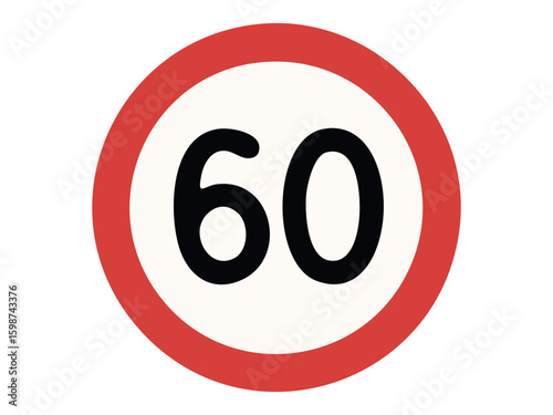 Circular speed limit sign with 60 numeral inside red border, traffic regulation symbol, road safety warning, highway control, transportation, public signs, white background