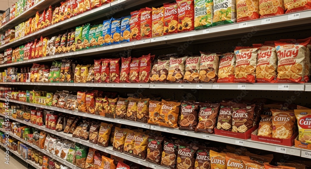 Obraz premium Grocery store shelves display rows of potato chips offering diverse snacking options for consumers