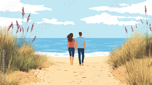 Romantic Beach Walk Illustration: Simple Flat Vector for Romantic Wall Art Decor