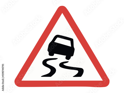 Warning road sign with car and skid marks inside red triangle isolated on white background, graphic illustration. Concept of slippery road, driving hazard, road safety warning, design element