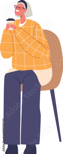 Smiling elderly woman drinking coffee