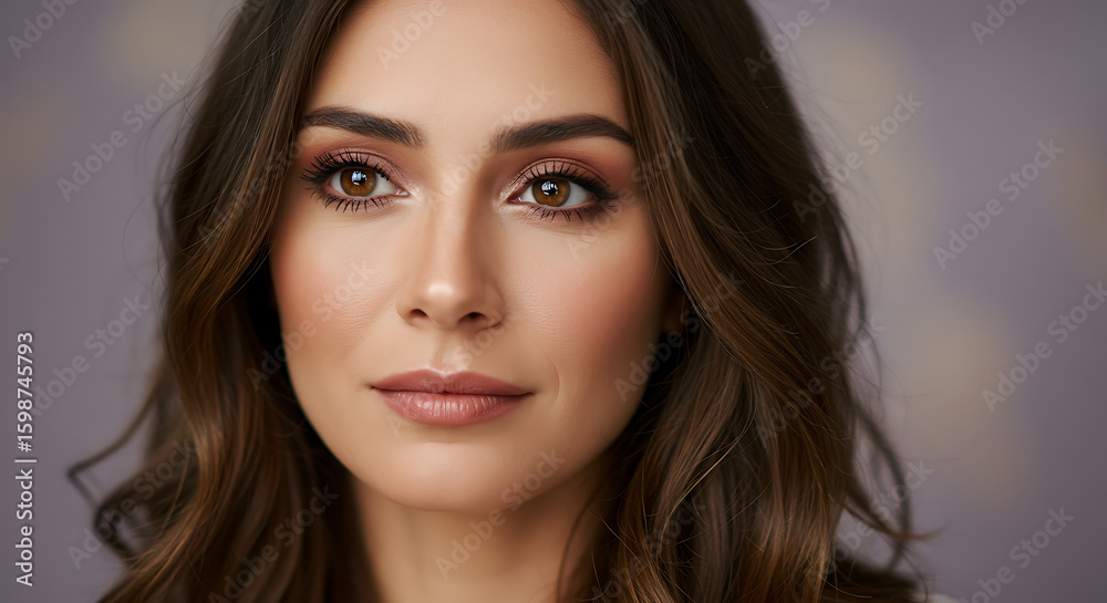 Woman with glossy lips and light bronzer, face angled slightly to the right, calm and confident gaze Woman with glossy lips and light bronzer, face angled slightly to the right, calm and confident gaze