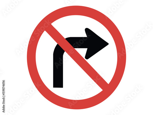 No right turn traffic sign with black arrow crossed by red circle isolated on white background, graphic illustration. Concept of road restriction, traffic regulation, turn prohibition, design element