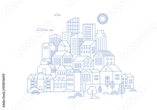 Minimalist Linear Urban Life Illustration. Modern Cityscape Outline with Buildings and Trees