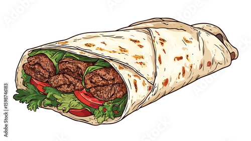 Shawarma Color Engraving Raster Illustration Isolated