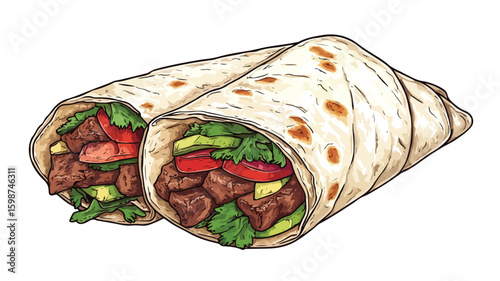Shawarma Color Engraving Raster Illustration Isolated
