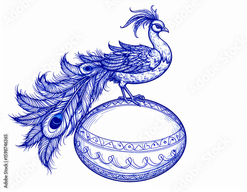 sketch in blue and white of a peacock on a decorated egg 108