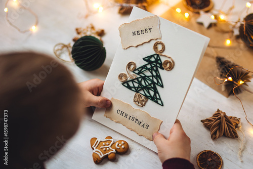 Vászonkép Concept of Christmas craft, handmade presents, family leisure time, hobby, recreation