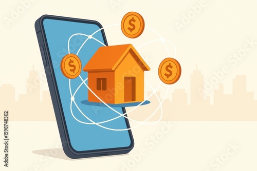 Real Estate Investment Concept with Smartphone and Dollar Coins Illustration for Digital Property Market and Investment Apps