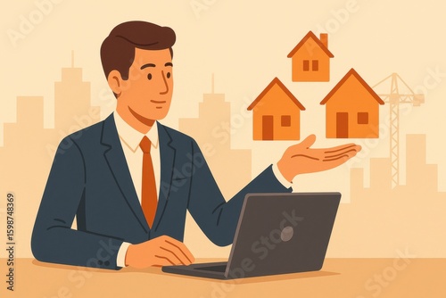 Real Estate Investment Concept with Businessman Showcasing House Model Trio in Office Setting Illustration for Finance and Property Market