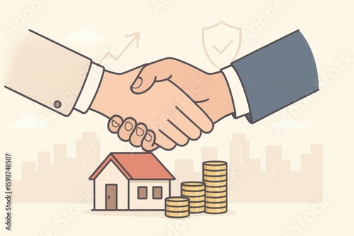 Real Estate Investment Concept Illustrated with Handshake House and Coin Stacks Symbolizing Successful Property Deal and Financial Growth for Business Strategy and Investment Planning