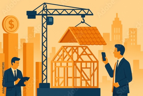 Real Estate Investment Concept with Professionals, Crane, and House Under Construction in Modern Cityscape Illustration for Business Strategy and Financial Growth