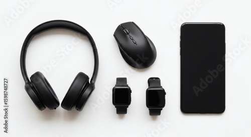 Overhead shot of black wireless headphones mouse smartwatches and phone