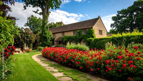 Country home with vibrant rose garden