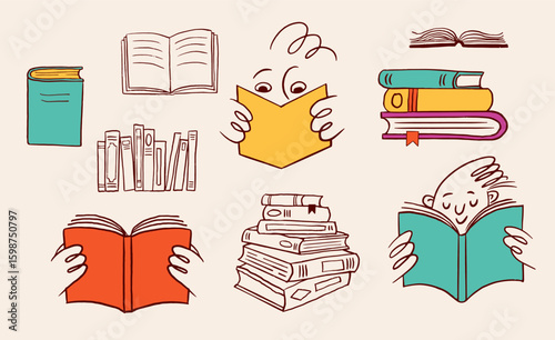 Books and reading hand-drawn illustrations collection. Back to school cartoon doodles series.