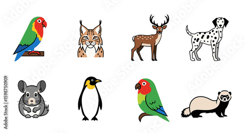 Collection of various animals including birds mammals and a penguin arranged in two rows graphic